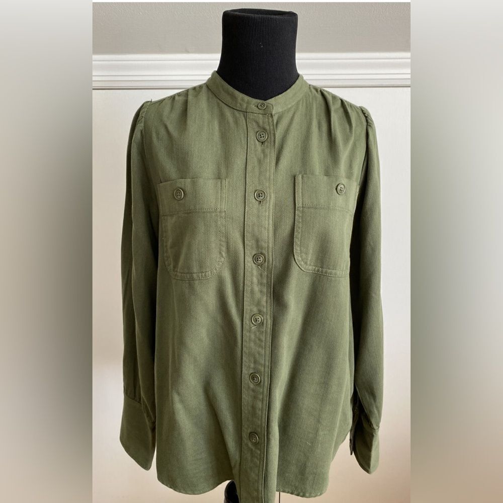 J. Crew Point Sur Olive Green puff sleeve Button Down Twill Shacket Blouse small - Picture 2 of 5